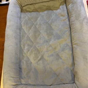 Gray Quilted Pet Dog Bed. Memory foam with bolster sides. Washable cover.